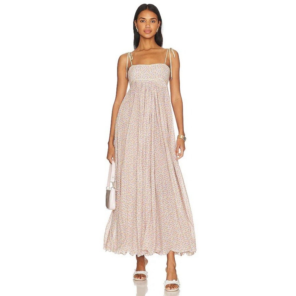 Free People Emmaline Ivory Combo Pleated Maxi Dress Tie Strap S